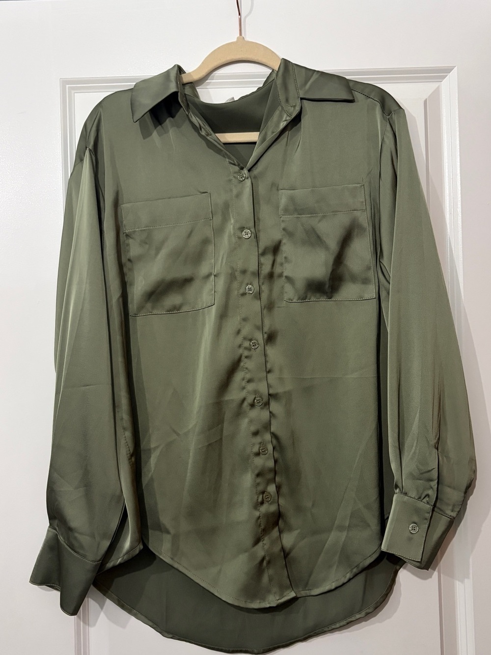 Olive Green Silk-Look Button Down Shirt